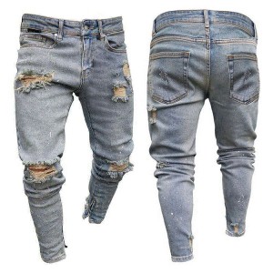 Jeans foar manlju Grey Ripped Denim Lange broek Casual Hole Rjochte manlju Jeans