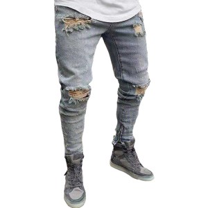 Jeans Masculino Jeans Ripped Cinza Calça Longa Casual Hole Straight Jeans Masculino