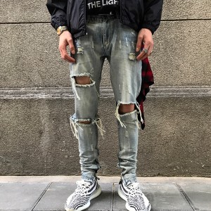 2021 High Street Ripped Men's Jeans Tapered Retro Hole Small Foet Pants Plus Size Pant ဂျင်းဘောင်းဘီ