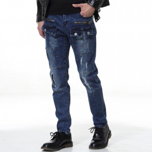 celana jeans pria robek lubang multi-saku dicuci celana denim jeans dicetak pria untuk disesuaikan