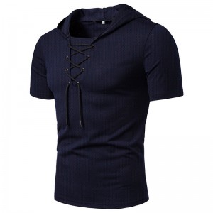 Pánske ležérne športové zaväzované top letné voľné priedušné tričko s kapucňou zo sieťoviny s krátkym rukávom