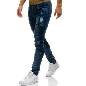 gewäsch gerappte Jeans Casual Denim Hosen Zipper Dekoratioun Männer Jeans