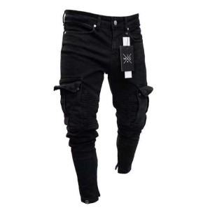 Naujausios karštos parduodamos juodos didelės šoninės kišenės vyriškos džinsinės bėgimo kelnės Skinny Mens Cargo džinsai
