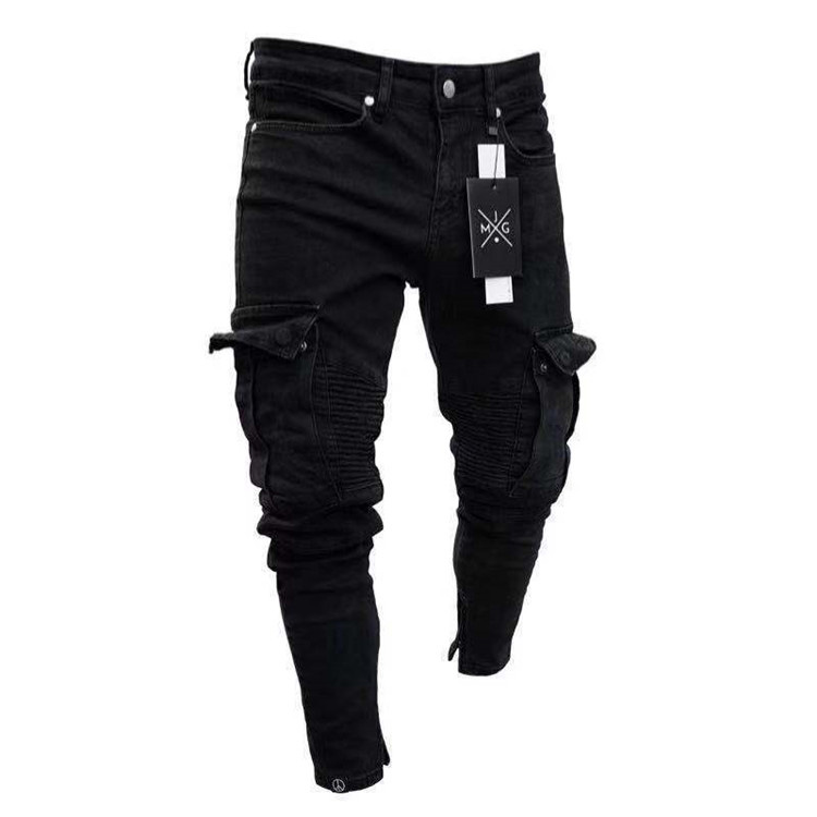 Newest Hot Selling Black Big Side Pockets Men's Denim Jogging Pants Skinny Mens Cargo Jeans Featured Image