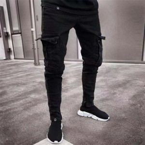 Newest Hot Selling Black Big Side Pockets Men's Denim Jogging Pants Skinny Mens Cargo Jeans