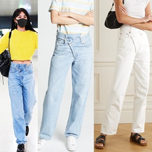 Sieviešu džinsu bikses ar augstu vidukli ar krustu, platas un taisnas džinsu bikses