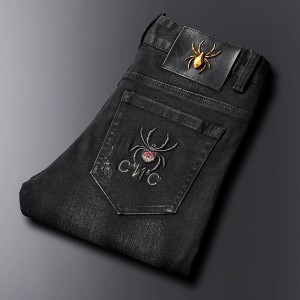Мужчынскія чорныя джынсы восень-зіма тоўстыя шырокія прамыя эластычныя штаны, модныя паўсядзённыя штаны высокага класа
