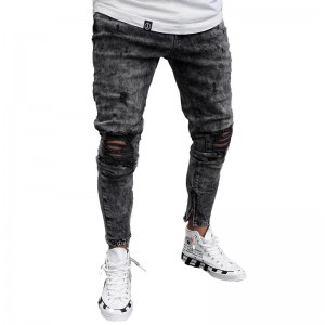Jeans populer digawe ing pabrik China wisuh salju kualitas dhuwur nyuwek jins pria ceking OEM selaras