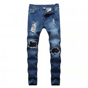 Stretch Casual Pencil Jeans Hombres Zipper Fly Skinny Ripped Jeans con agujero