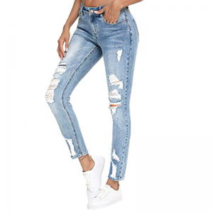 Stretch Cotton Jeans με Hole Skinny Ripped γυναικείο τζιν