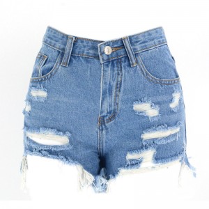 ຄົນອັບເດດ: jeans ຂອງແມ່ຍິງ summer ກາງເພີ່ມຂຶ້ນ ripped ລ້າງ jeans ສັ້ນສີຟ້າ