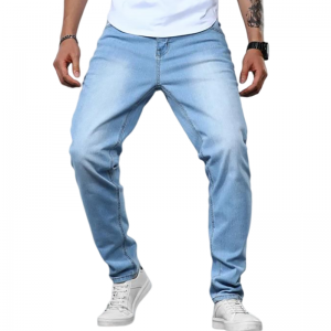 กางเกงยีนส์ผู้ชายสีน้ำเงินทรงตรงคุณภาพสูงยอดนิยมคุณภาพสูงห้าใบ