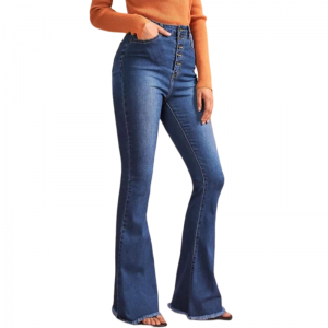 Commerce de gros de jeans délavés à taille haute avec bouton avant jambe évasée Lady Jeans