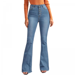 Aangepaste jeans gewassen hoge taille knop voor wijd uitlopende pijpen Lady Jeans