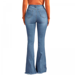 Commerce de gros de jeans délavés à taille haute avec bouton avant jambe évasée Lady Jeans