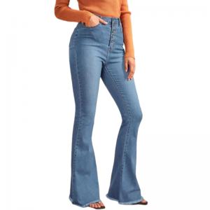ຂາຍສົ່ງ Jeans ລ້າງແອວສູງປຸ່ມ Front Flare ຂາ Lady Jeans