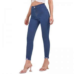 Qalîteya Bilind Bişkojka Qelemê Pants High Waist Raw Hem Skinny Women Jeans