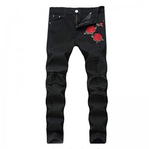 Slim Fit Rose Embroidered Floral Ripped Jeans Men's Skinny
