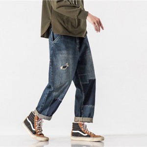 Jeans pour hommes en denim déchiré patchwork de coton de haute qualité