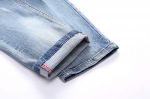 Fashionable Stretch Light Colored Wrinkled Patch Ripped Slim Denim Biker Jeans pikeun Lalaki