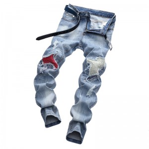 အမျိုးသားများအတွက် ဖက်ရှင်ကျကျ ပေါ့ပါးသော ရောင်စုံ Wrinkled Patch Ripped Slim Denim Biker Jeans