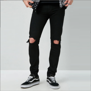 Madingi universalūs Slim Elasticity juodi vyriški džinsai su plėšytais keliais
