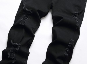 Зауженные фабричные джинсы высокой эластичности с застежкой-молнией черные рваные мужские джинсы