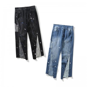 Fashion Trend Irregular Paint Jet Splicing Embroidery Loose Casual Men Jeans