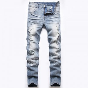 Calça jeans masculina tamanho grande com estampa elástica fina e buraco azul claro