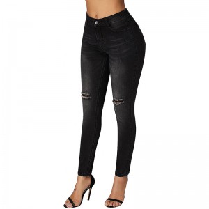 Jeans negros de tobillo ajustados elásticos rasgados populares para mujeres