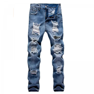 ဖက်ရှင် Denim Ripped Slim Fit Straight Distressed Jeans အမျိုးသား
