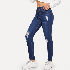 Mid-waist Slim Elastic Stretch Denim Ripped Blue Jeans For Women