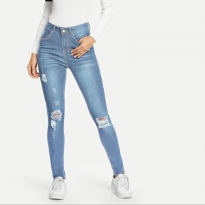 Mid-waist Slim Elastic stretch Denim Ripped Jeans ສີຟ້າສໍາລັບແມ່ຍິງ