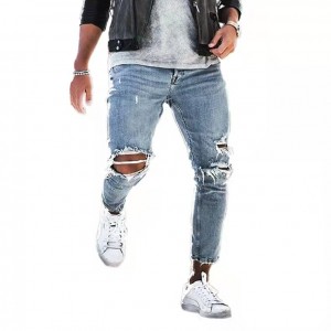 Fashion Stretch Knee Ripped Light Blue Jeans Men