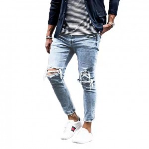 Jeans Pria Lutut Peregangan Modis Robek Biru Muda