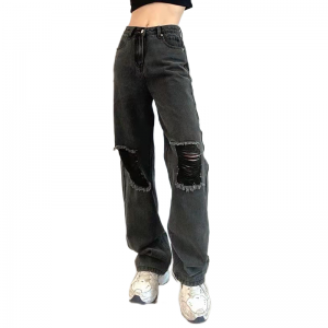 Løse bukser med rette ben for kvinner, svarte bukser med revet kne