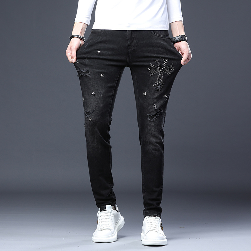 Europos mados prekės ženklo džinsai vyriškos naujos sunkiosios pramonės tigro karšto gręžimo tendencijos pilkos plonos kelnės mažomis pėdomis Teminis vaizdas