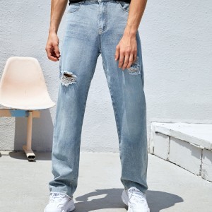 loose straight trousers light blue washed ripped jeans men