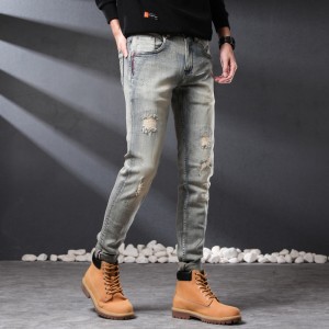 Handsome retro light gray scraped jeans men spring summer 2022 new slim feet stretch small straight leg long pants