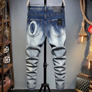 Factory direct selling personality men’s jeans ripped stitching elastic splash ink tight waist washed denim pants