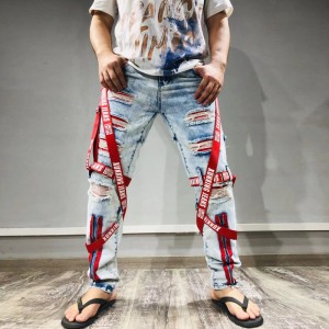 2021 nové vysoko kvalitné džínsy pánska móda nášivka roztrhané džínsy zips tenké malé džínsy