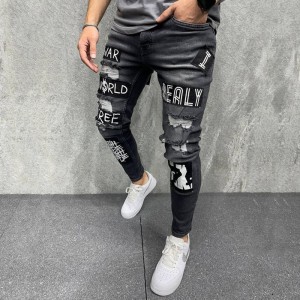 Factory direct sale jeans men’s patch embroidery men’s jeans slim straight casual black men’s denim trousers