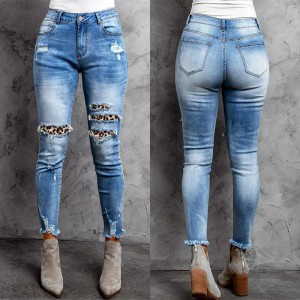 Moda nû ya jinan jeansên elastîk ên bi çapê yên leopardî yên çîpkirî pantolonên denim ên zirav-fitî yên jeansê jin