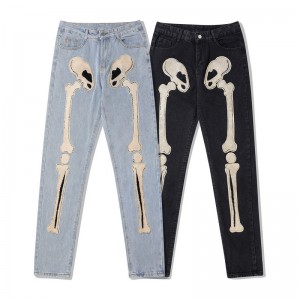 Mode Herren Street Skull Bone Print Jeans High Street Hip-Hop lose gerade Hose mit weitem Bein