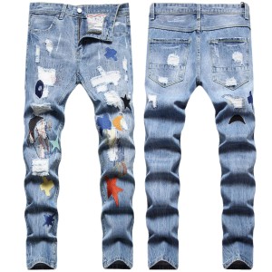 New fashion light blue jeans star pattern ripped hole fashion embroidery jeans for men