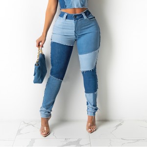 Modische Damen-Jeans mit hoher Taille und gebürsteten Fransen, schmale Bleistift-Denim-Hosen