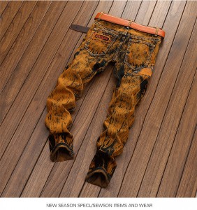 Celana jins cetak pria non-stretch cotton mid-waist celana denim jeans kuning kasual biasa