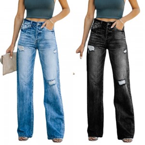 Mote kvinnelige jeans rett casual bukser brutt hule denim brede ben bukser kvinner