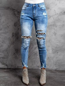ʻO nā jeans wahine hou elastic ripped leopard print patch slim-fit denim trousers mid-waist wasshed jeans women