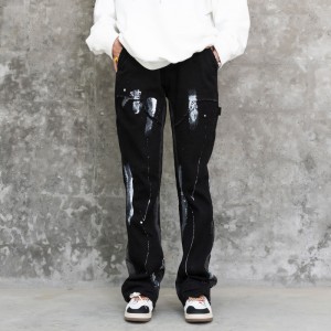 Fashion street men’s jeans graffiti stitching casual jeans personality drawstring design denim trousers